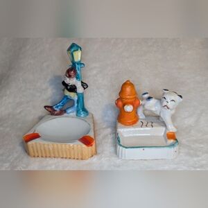 Vintage Holding Lamp post And Ceramic Dog & Fire Hydrant Ashtray Set Japan